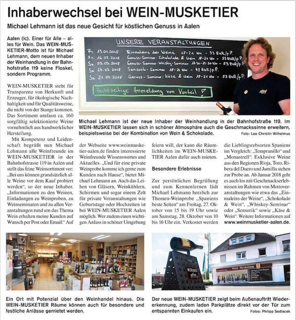 Inhaberwechsel bei WEIN-MUSKETIER Michael Lehmann ist das neue Gesicht für köstlichen Genuss in Aalen 